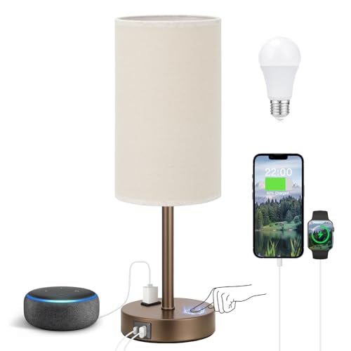 Smart Touch Dimmable Bedside Lamp with USB-C, AC Outlet, LED Bulb