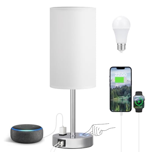 Smart Touch Dimmable Bedside Lamp with USB-C, AC Outlet, LED Bulb