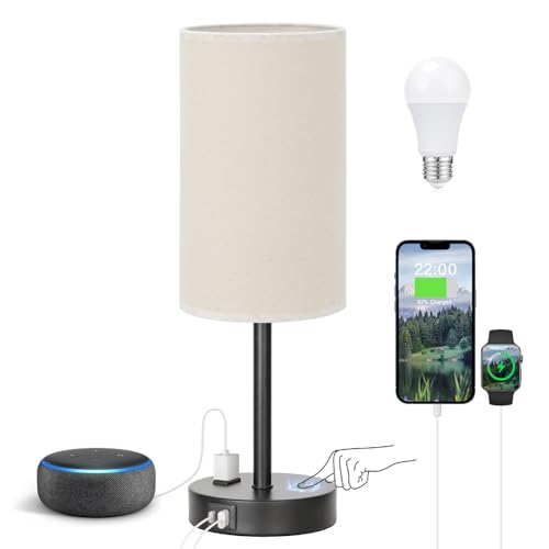 Smart Touch Dimmable Bedside Lamp with USB-C, AC Outlet, LED Bulb