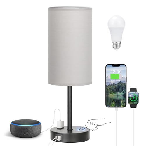 Smart Touch Dimmable Bedside Lamp with USB-C, AC Outlet, LED Bulb
