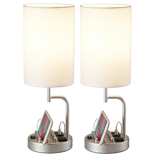 Dreamholder Dual Modern Table Lamps: USB Charging, AC Outlet, Phone Stands
