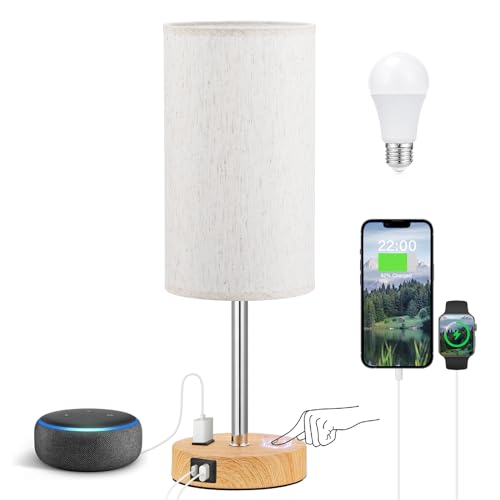 Smart Touch Dimmable Bedside Lamp with USB-C, AC Outlet, LED Bulb