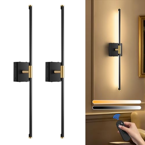 Wireless Rechargeable LED Wall Sconces Set, Dimmable Remote Control, 30-inch Black