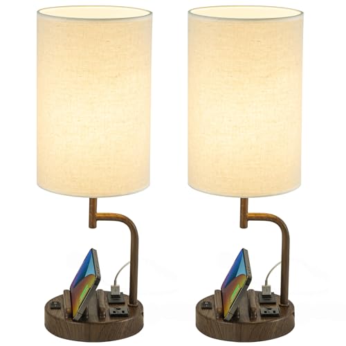 Dreamholder Dual Modern Table Lamps: USB Charging, AC Outlet, Phone Stands