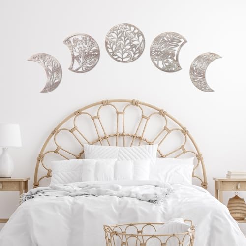 Jetec 5-Piece Wooden Moon Phase Wall Art Decor Set, Nordic Boho Lunar Aesthetic