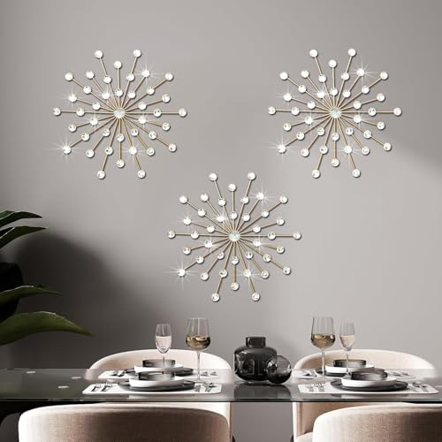 Dazzling Silver Crystal Sunburst Wall Art Decor Set - 3-Pack Metal Jeweled Bling