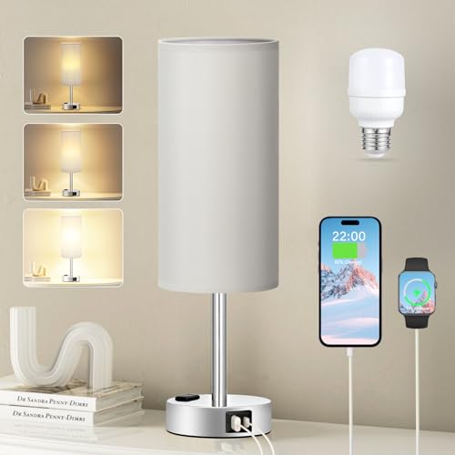 Smart Touch Dimmable Bedside Lamp with USB-C, AC Outlet, LED Bulb