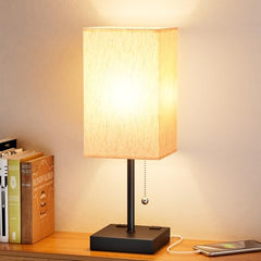 Minimalist Square Fabric Shade Table Lamp for Bedroom Bedside Nightstand Office