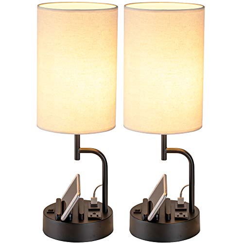 Dreamholder Dual Modern Table Lamps: USB Charging, AC Outlet, Phone Stands