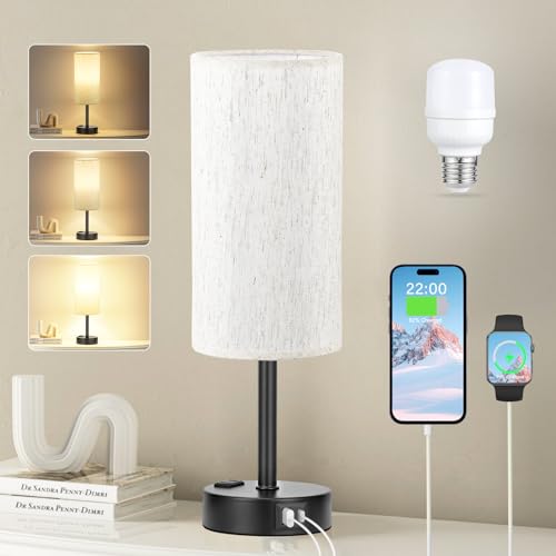 Smart Touch Dimmable Bedside Lamp with USB-C, AC Outlet, LED Bulb