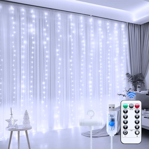 Minetom Dimmable Warm White USB Powered 300 LED Fairy Curtain Lights Remote