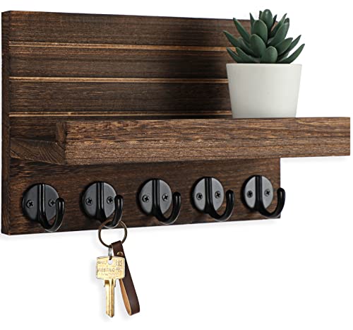 Stylish Paulownia Wood Wall Key & Mail Holder with Shelf, Large Hooks