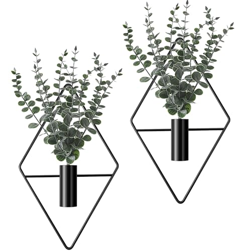 Jexine Modern Geometric Metal Hanging Planters with Faux Eucalyptus, 4-Pack Black