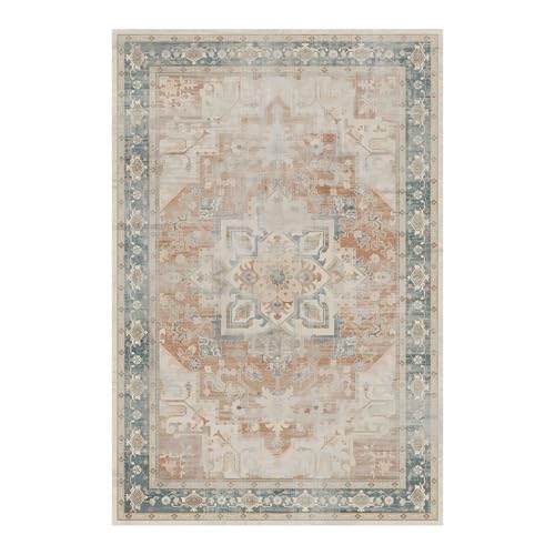 Rugxara Vintage Boho Washable Area Rug 5x7, Light Blue Grey, Non-Slip, Low Pile