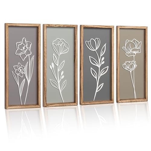 Captivating 3D Wooden Floral Wall Art (Set of 4) - Boho Farmhouse Decor