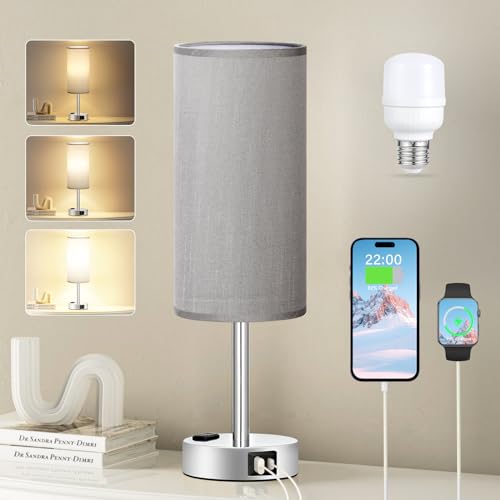 Smart Touch Dimmable Bedside Lamp with USB-C, AC Outlet, LED Bulb