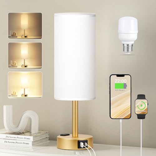 Smart Touch Dimmable Bedside Lamp with USB-C, AC Outlet, LED Bulb