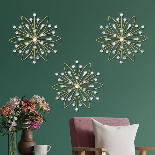 Dazzling Silver Crystal Sunburst Wall Art Decor Set - 3-Pack Metal Jeweled Bling