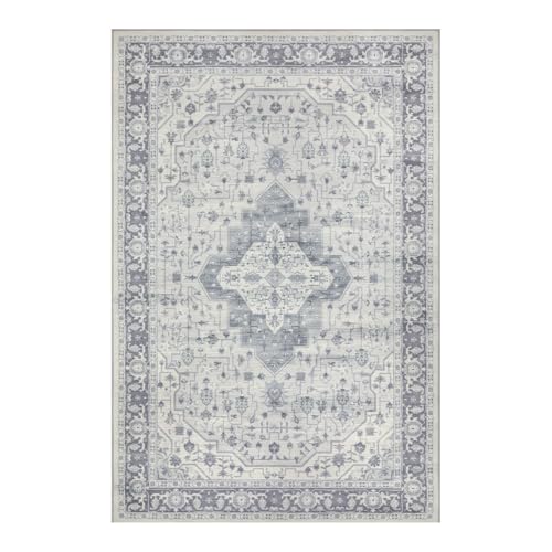 Rugxara Vintage Boho Washable Area Rug 5x7, Light Blue Grey, Non-Slip, Low Pile