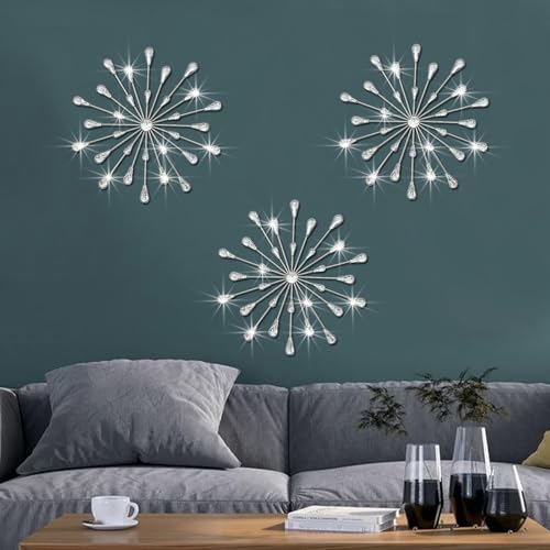 Dazzling Silver Crystal Sunburst Wall Art Decor Set - 3-Pack Metal Jeweled Bling