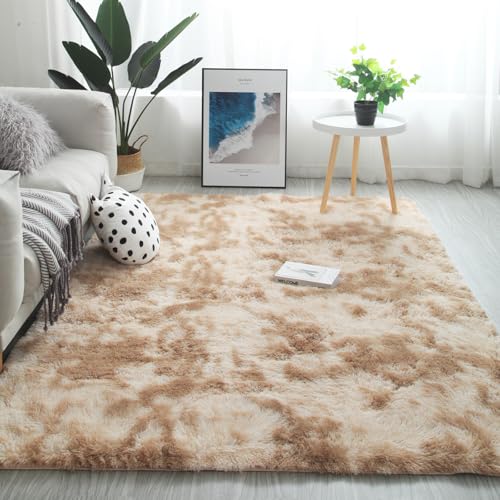 Boshengya Ultra Soft Fluffy Shag Area Rug, Tie-Dye Grey, Cozy Bedroom Living Room