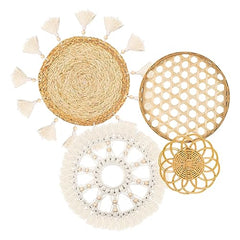 8-Piece Boho Woven Wall Basket Decor Set with Macrame Tassels - Rattan Seagrass Art