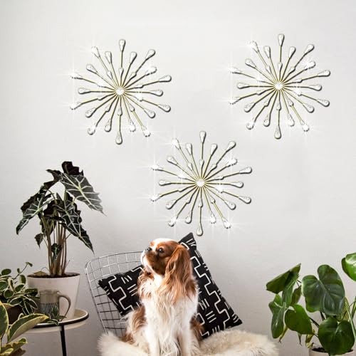 Dazzling Silver Crystal Sunburst Wall Art Decor Set - 3-Pack Metal Jeweled Bling
