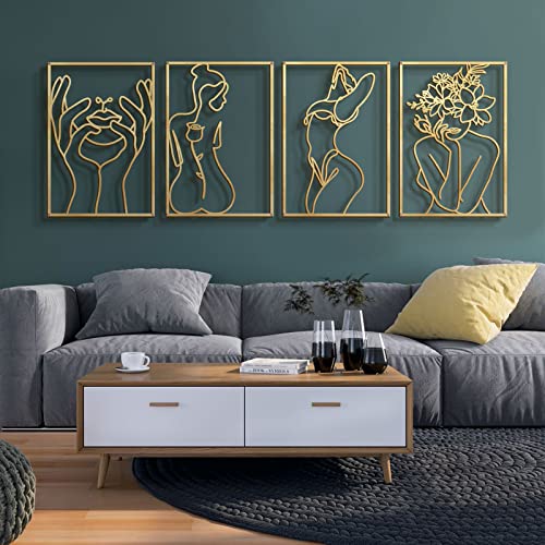 Glamativity 4-Pack Gold Minimalist Metal Line Art: Elegant Woman Body Wall Decor