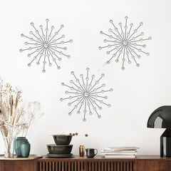 Dazzling Silver Crystal Sunburst Wall Art Decor Set - 3-Pack Metal Jeweled Bling