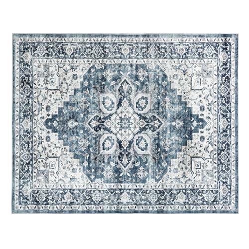 AMADA 8x10 Washable Area Rug: Low-Profile, Non-Slip, Vintage Floral Design