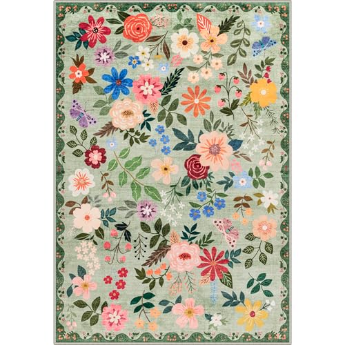 Large 8x10 Floral Washable Area Rug - Vintage Boho, Soft, Non-Slip, Stain Resistant