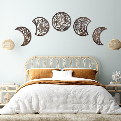 Jetec 5-Piece Wooden Moon Phase Wall Art Decor Set, Nordic Boho Lunar Aesthetic