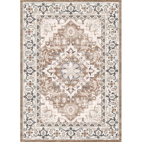Lofus Floral Brown 5x7 Washable Area Rug: Soft Non-Slip Low Pile