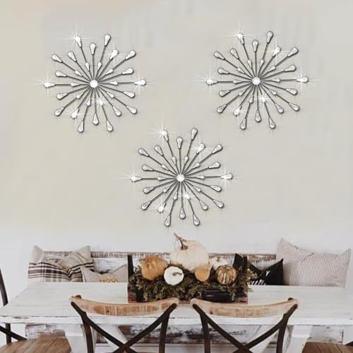 Dazzling Silver Crystal Sunburst Wall Art Decor Set - 3-Pack Metal Jeweled Bling
