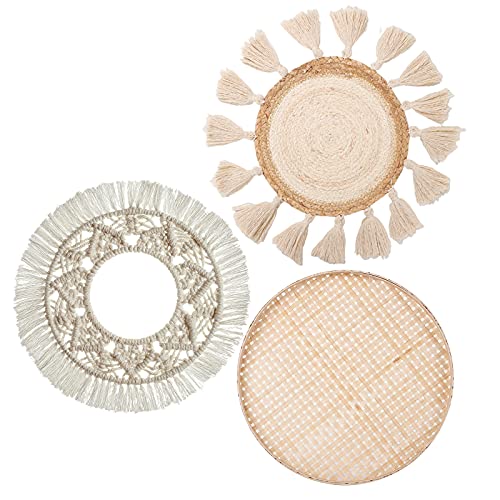 8-Piece Boho Woven Wall Basket Decor Set with Macrame Tassels - Rattan Seagrass Art