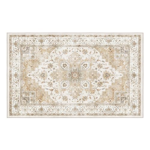 AMADA 8x10 Washable Area Rug: Low-Profile, Non-Slip, Vintage Floral Design