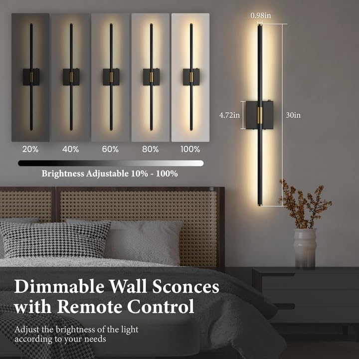 Wireless Rechargeable LED Wall Sconces Set, Dimmable Remote Control, 30-inch Black