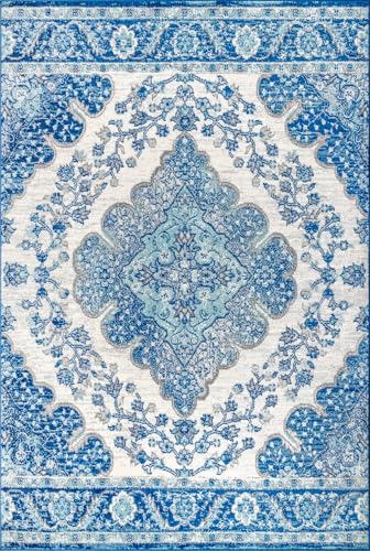 JONATHAN Y Boho Vintage Blue Multi Medallion Indoor Area Rug, Durable Easy-Clean