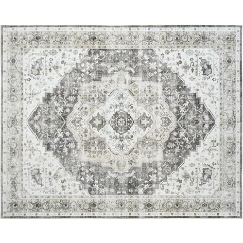 AMADA 8x10 Washable Area Rug: Low-Profile, Non-Slip, Vintage Floral Design