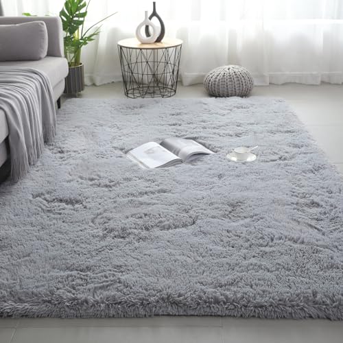 Boshengya Ultra Soft Fluffy Shag Area Rug, Tie-Dye Grey, Cozy Bedroom Living Room