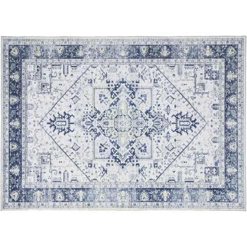 AMADA 8x10 Washable Area Rug: Low-Profile, Non-Slip, Vintage Floral Design
