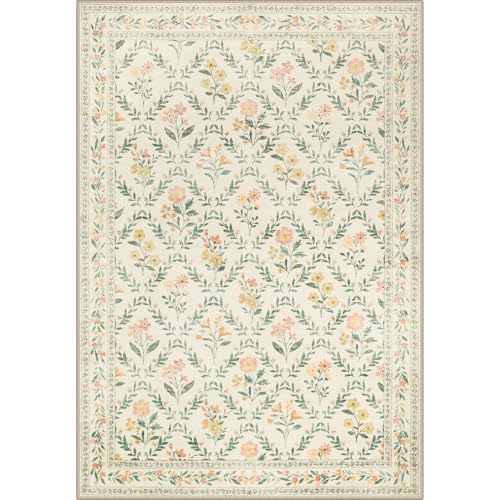 Large 8x10 Floral Washable Area Rug - Vintage Boho, Soft, Non-Slip, Stain Resistant