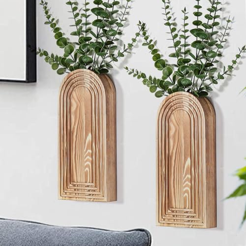 2-Pack Black Wooden Wall Vase Set Modern Farmhouse Boho Home Decor