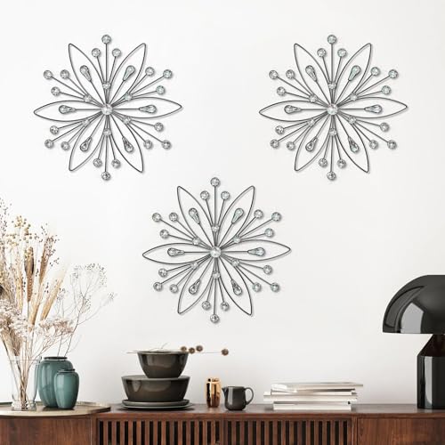 Dazzling Silver Crystal Sunburst Wall Art Decor Set - 3-Pack Metal Jeweled Bling