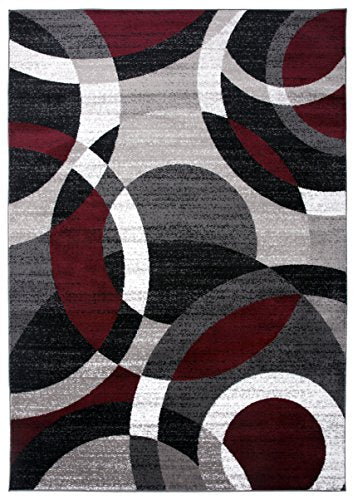 Durable Red Contemporary Abstract Circles Area Rug for High Traffic Living Spaces