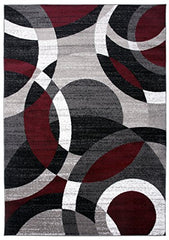 Durable Red Contemporary Abstract Circles Area Rug for High Traffic Living Spaces
