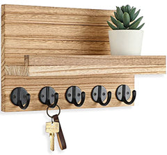 Stylish Paulownia Wood Wall Key & Mail Holder with Shelf, Large Hooks