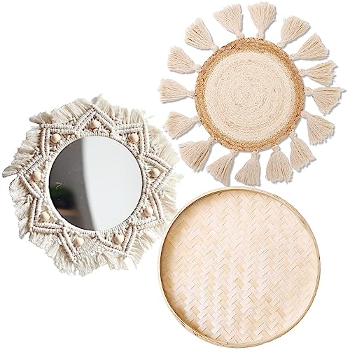 8-Piece Boho Woven Wall Basket Decor Set with Macrame Tassels - Rattan Seagrass Art