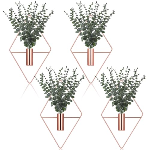 Jexine Modern Geometric Metal Hanging Planters with Faux Eucalyptus, 4-Pack Black