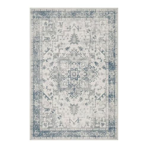 Rugxara Vintage Boho Washable Area Rug 5x7, Light Blue Grey, Non-Slip, Low Pile